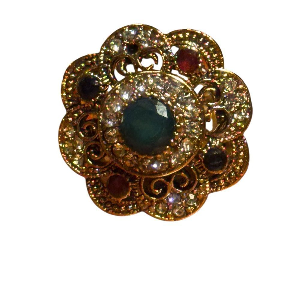 Fashion jewelry Gold tone and Green round center stone Statement Ring size8